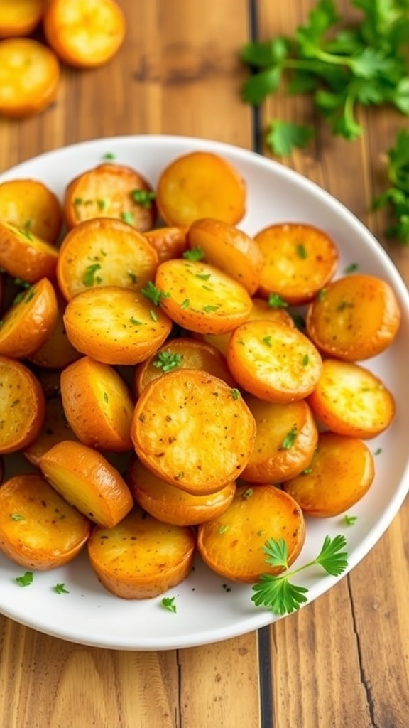 Crispy air fryer potatoes with Italian seasoning, garnished with parsley on a rustic table.